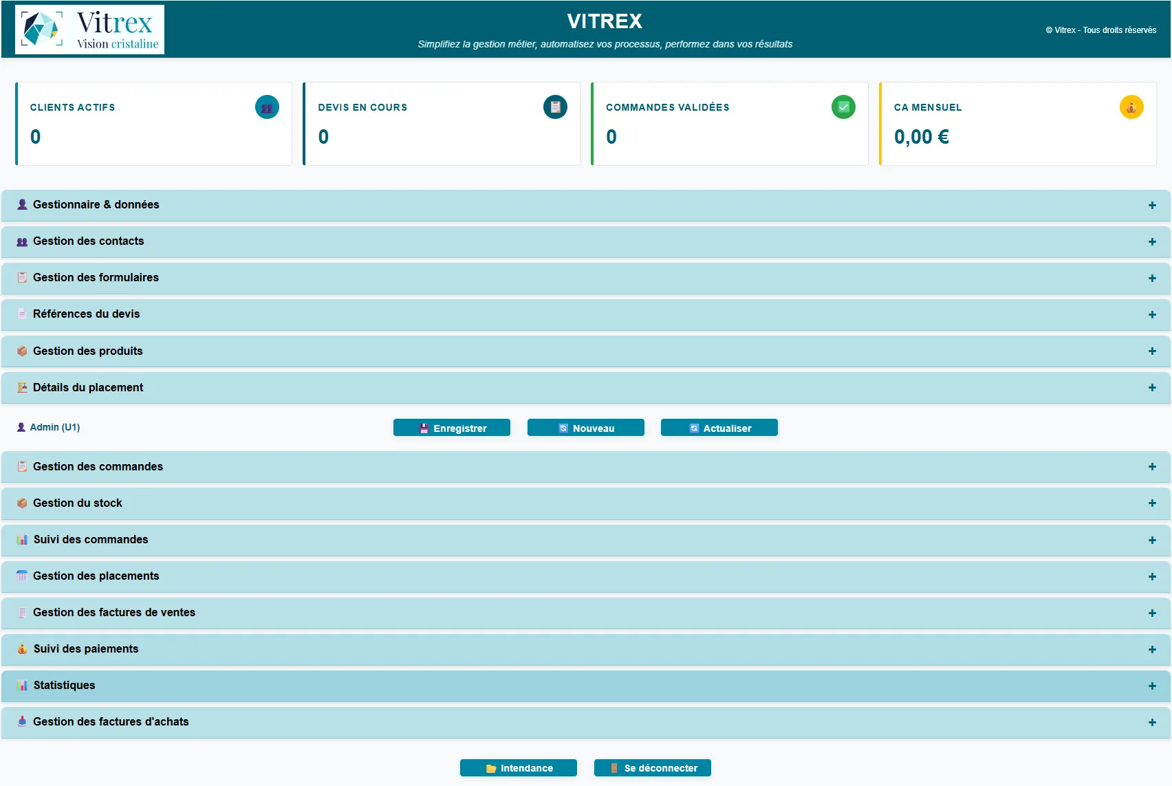 Tableau de bord Vitrex : indicateurs d'activité en temps réel et accès aux 14 modules