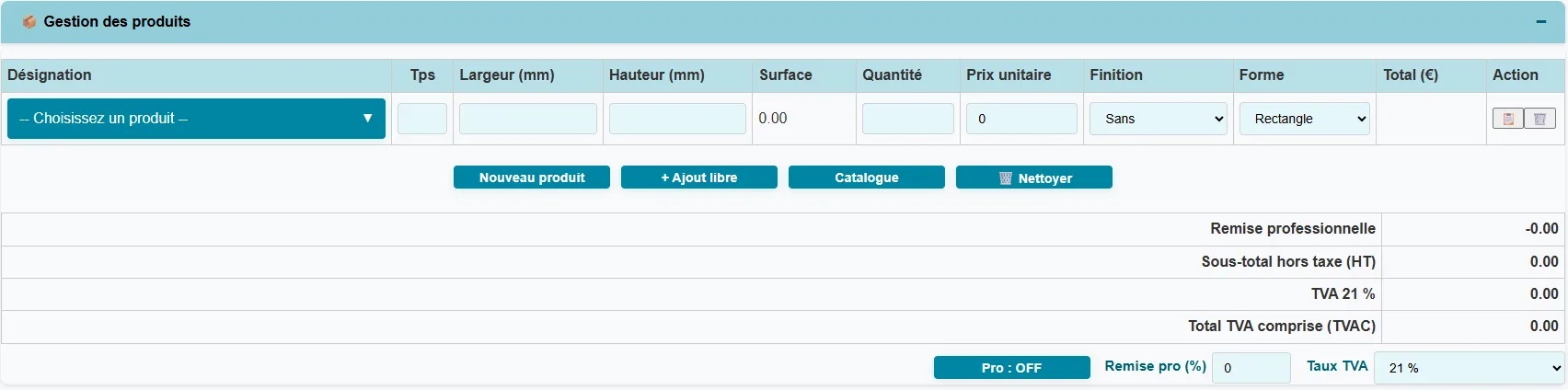 Ligne de devis Vitrex : choix du produit, dimensions, quantité, finition et forme, avec totaux HT, TVA et TVAC calculés automatiquement