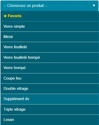 Catalogue Vitrex, niveau 1 : familles de produits (verre simple, miroir, verre feuilleté, coupe-feu, double vitrage, triple vitrage…)