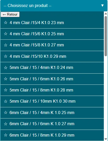 Catalogue Vitrex, niveau 3 : articles précis avec compositions et coefficients, par exemple 4 mm Clair /15/4 K1.0 23 mm