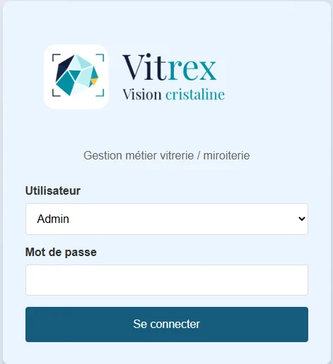 Écran de connexion Vitrex : choix de l'utilisateur et mot de passe