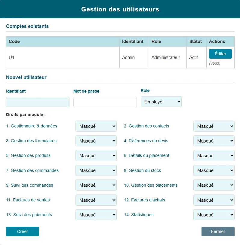 Gestion des utilisateurs Vitrex : comptes existants avec rôle et statut, création d'un nouvel utilisateur et droits réglables module par module